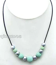 SALE Big 10-11mm Gray Natural FW Pearl 18" Leather Necklace & Green Lava-nec5910