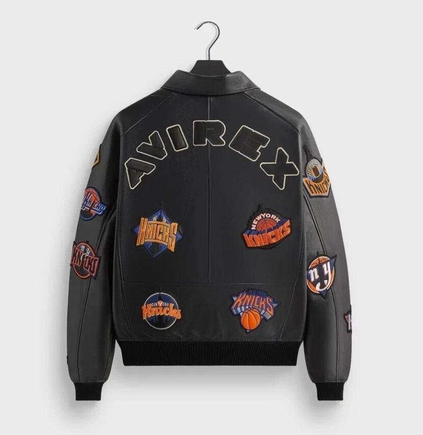 Kith & AVIREX Leather Jacket New York Knicks Icon Patches Black Jacket All Sizes