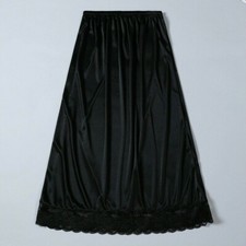 Satin Lace Women Petticoat Underskirt Half Slips Skirt Faux Silk Midi Shiny