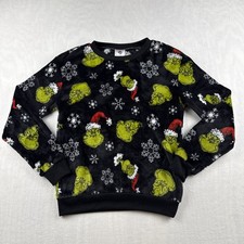 Dr. Seuss Grinch Sweatshirt Santa Hat Snowflake Black Fleece Christmas Size S