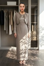 Jovani New York Beaded 2-Piece Evening Gown and Bolero Jacket Set, Taupe