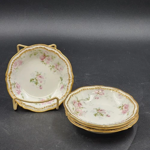 4 Limoges Obst Dessert Schalen 5,5" Die Ardennen Rosa Rosen Gold Haviland Frankreich - Bild 2 von 11