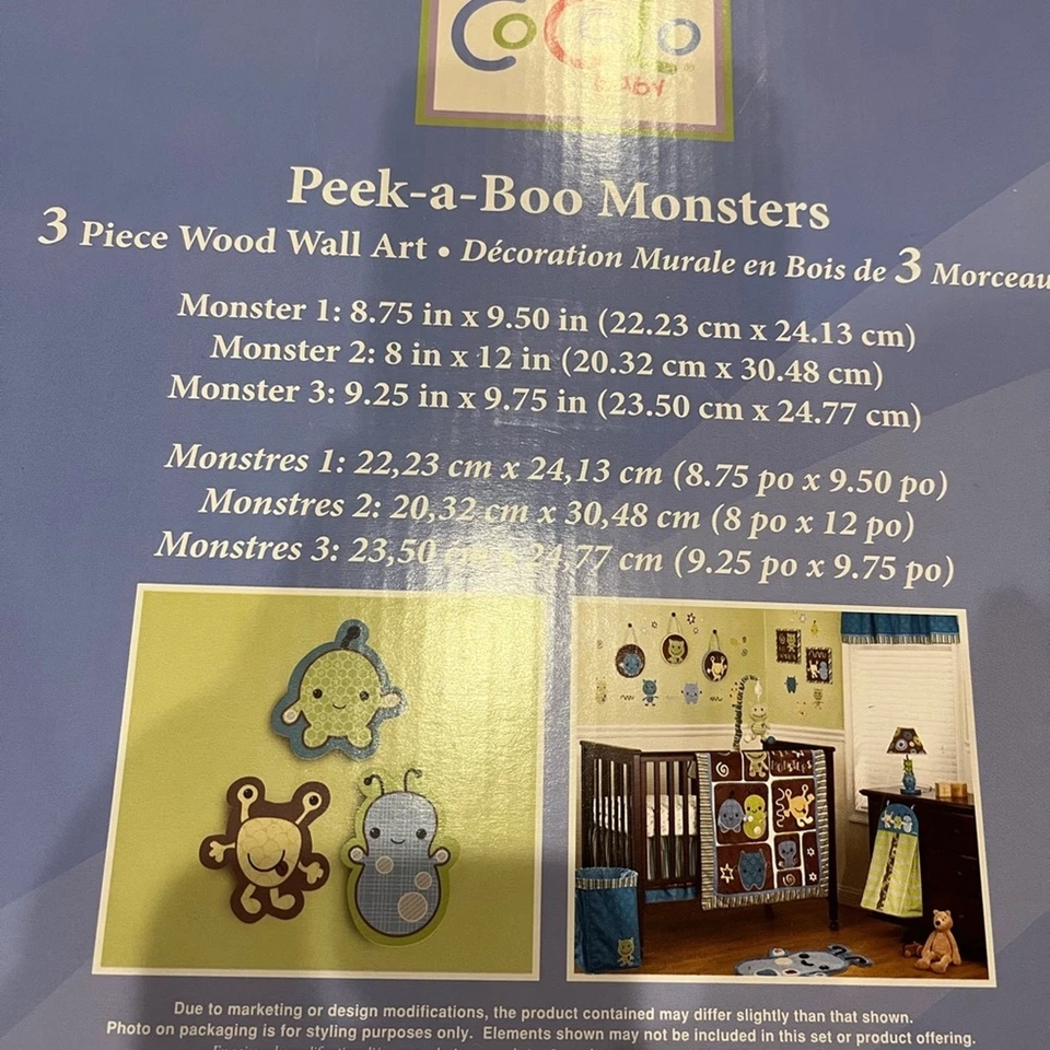 Arte de parede de madeira CoCaLo baby Peek-a-Boo Monsters 3 peças - Imagem 4 de 4