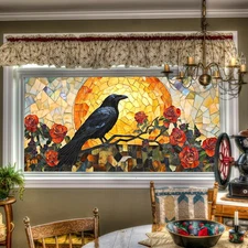 Window Privacy Film Stained Glass Raven Rose Sunset Decorative Window Cling P...