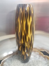 Art Glass Tall Vase  Hand Blown  Brown Spatter/White Liner  13 3/4"  0492