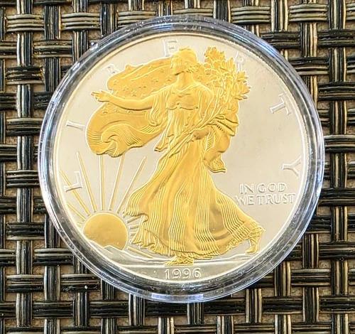 1996 Silver American Eagle Coin BU 1 Oz 24K gold gilded Uncirculated in box