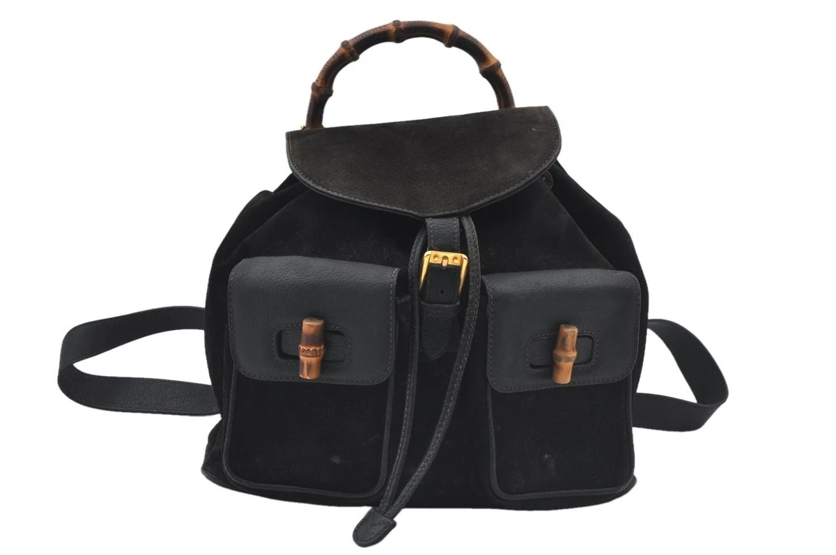 Vintage Gucci Black Suede Backpack Bamboo Handle Made in Italy Rare Collector Authentic Gucci Black Suede Bamboo Handle Backpack - Etsy main image 4