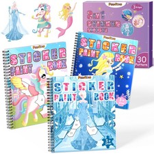 3PCS Sticker by Number Paint Books for Girls Ages 4-8, Unicorn Mermaid Frozen...