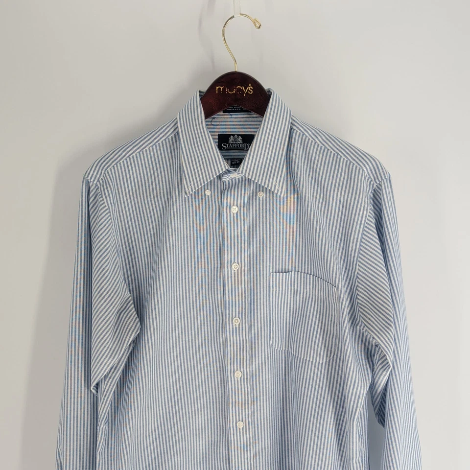 Vintage Stafford Athletic Fit Striped Button Down Dress Shirt Blue White Size 34 - Image 2 of 4