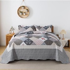 Oversized King Quilt Set 120x120 3 Piece Microfiber Reversible Coverlet Grey