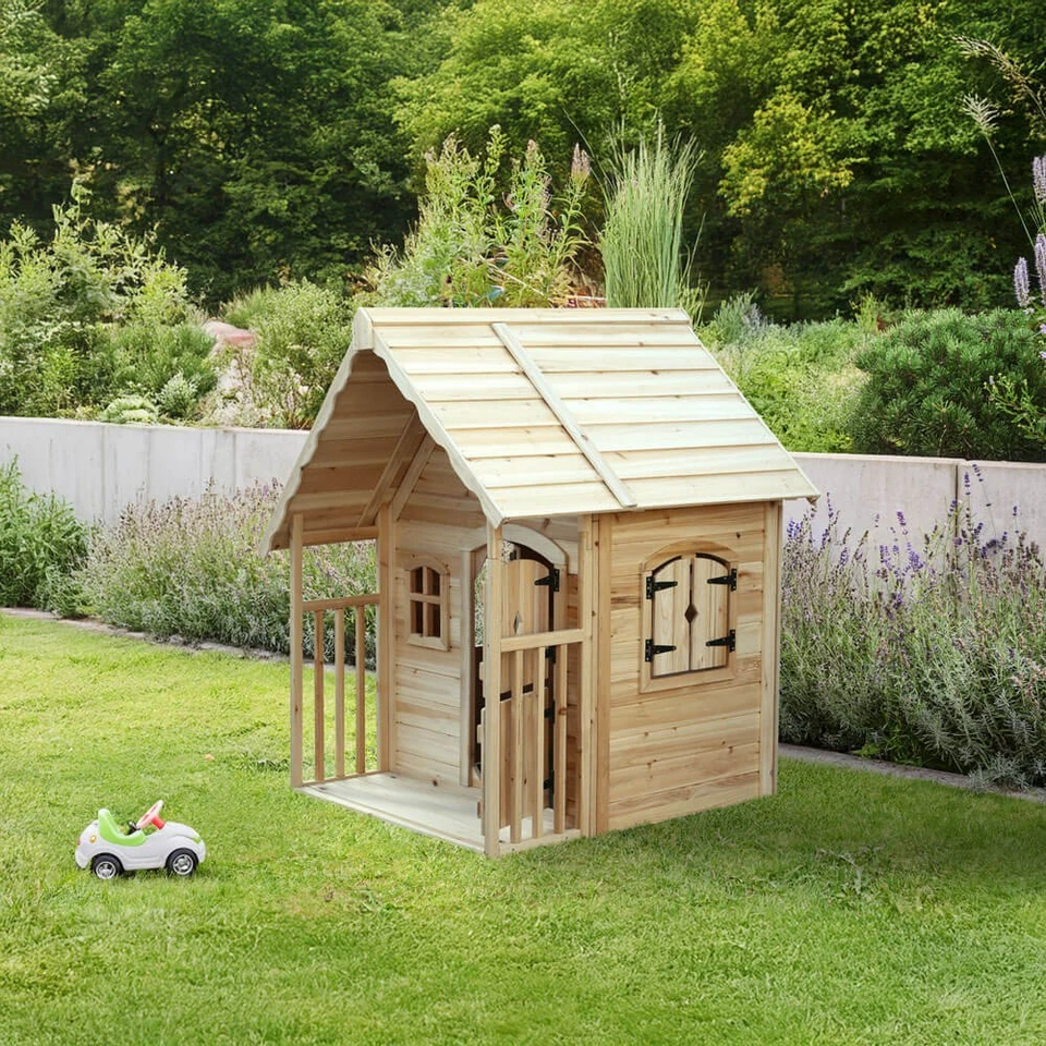 Kinderspielhaus aus Holz Spielhaus Outdoor mit Tür Fenster Veranda - Bild 2 von 4