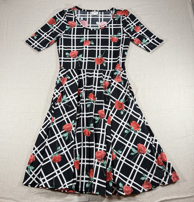 LuLaRoe Amelia Dress Womens Large Black Floral Rose Grid Fit Flare Pockets