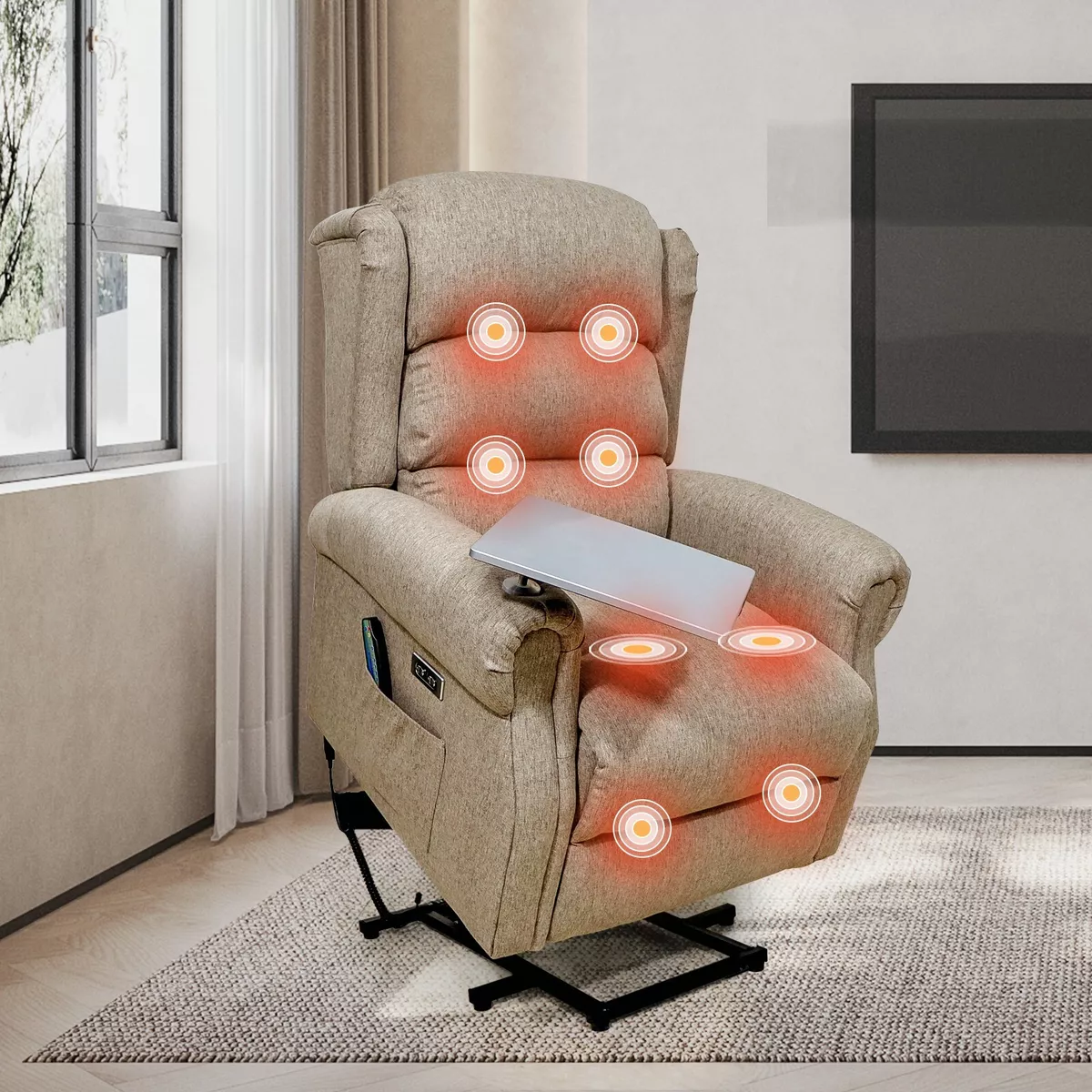 Massage Chair Dual Motor Riser Recliner Lift Chair W Table USB Charging Brown