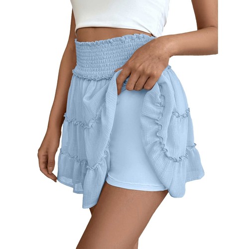 Womens High Waist Ruffle Boho Skirt Flowy Skirts With Inner Shorts For Movement - Picture 26 of 39