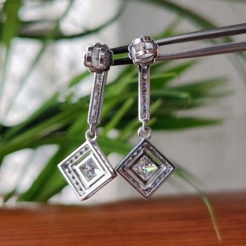 2.80Ct Drop Dangle Earrings 14K White Gold Finish Princess Cut Created Diamonds - Picture 10 of 10
