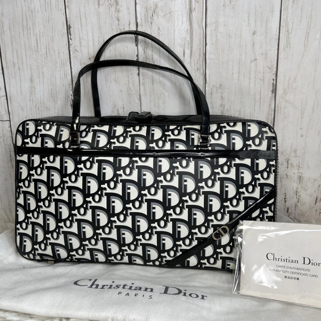 Christian Dior Trotter sac à main tote bag émail CD logo noir blanc cuir Occasion