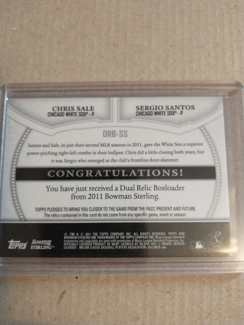 2011 Bowman Sterling Gold Dual Relic Box Topper Chris Sale Sergio Santos /50 - Image 2 of 2