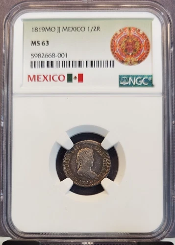 1819 Mo JJ MEXICO SILVER 1/2 REAL FERNANDO VII NGC MS 63 RARE BEAUTY