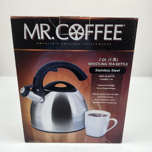 Tetera Mr. Coffee Whistling acero inoxidable 2 cuartos diseño ergonómico nueva en caja