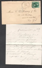1873 3c banknote stamp cover & letter J Smith Peoria IL to Hartung & Co New York