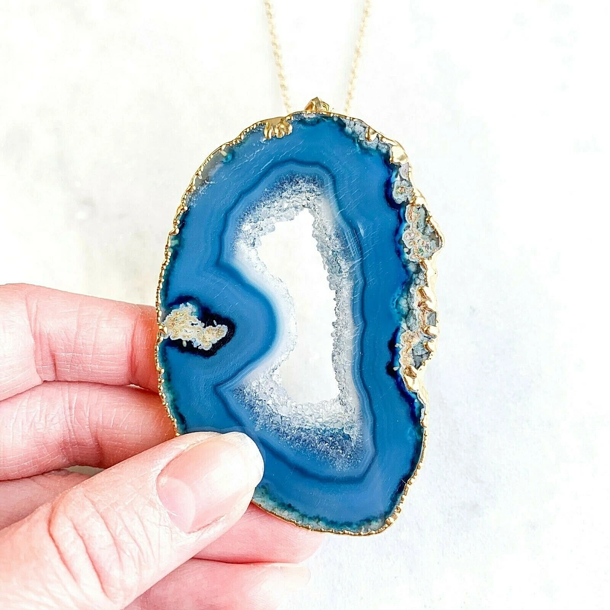 Blue Quartz Crystal Druzy Agate Slice Necklace Gold Plated