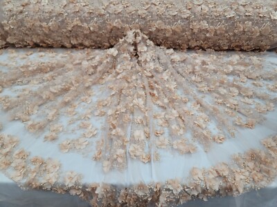 Champagne Beaded Lace 3d Floral Flowers Embroidered Bridal Fabric By The Yard 