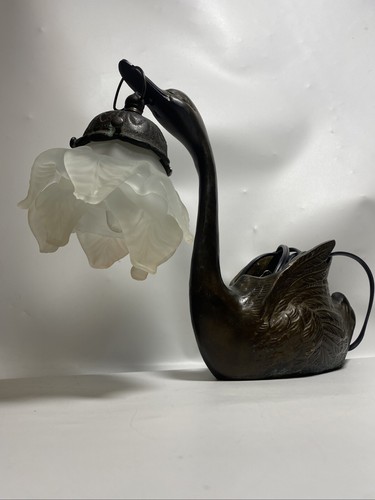 Cast Iron Swan Plant Holder Satin Glass Flower Lamp Shade Table Lamp 9" Tall - Picture 6 of 7