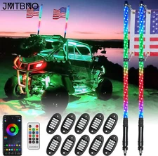 Pair 3ft RGB Spiral LED Whip Lights + 10 Pods RGB Rock Lights Bluetooth ATV UTV