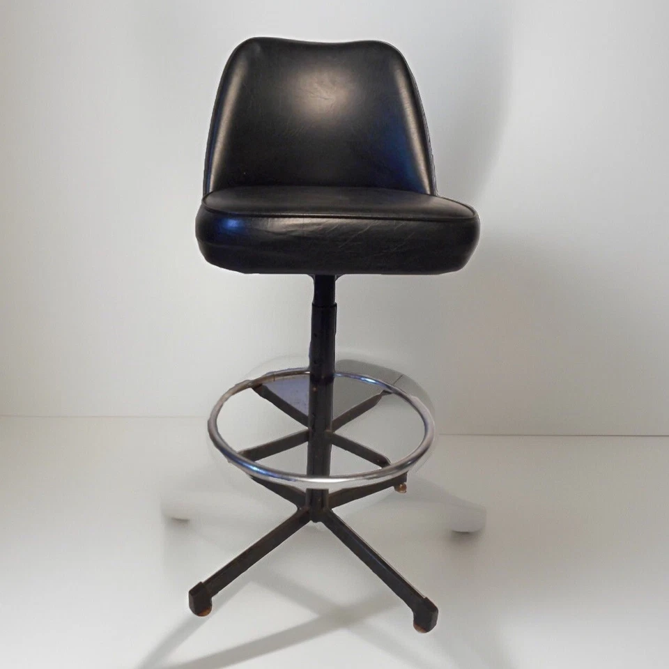 Pair Samsonite MCM Black Vinyl Chrome Adjustable Bar Stools Counter Vintage EXC - Image 3 of 3