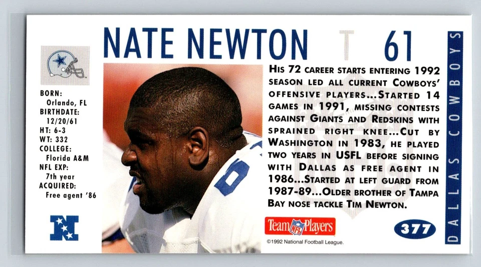 Nate Newton 1992 GameDay #377 Dallas Cowboys - Image 2 of 2