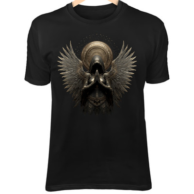 Sacred Gothic Angel II T-Shirt   Obsidian Armor, Golden Halo, Dark Feather Wings