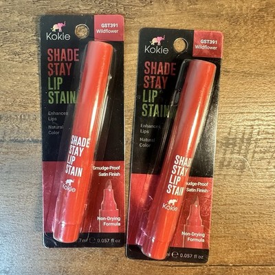 Kokie 2pc Shade Stay Lip Stain  ~Wildflower ~ Satin Finish Smudge Proof BNIP
