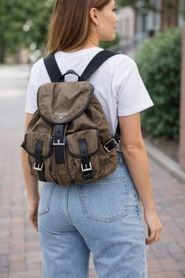 Auth PRADA Tessuto with Triangle Logo BZ0001 Backpack Khaki Gray Black RARE!