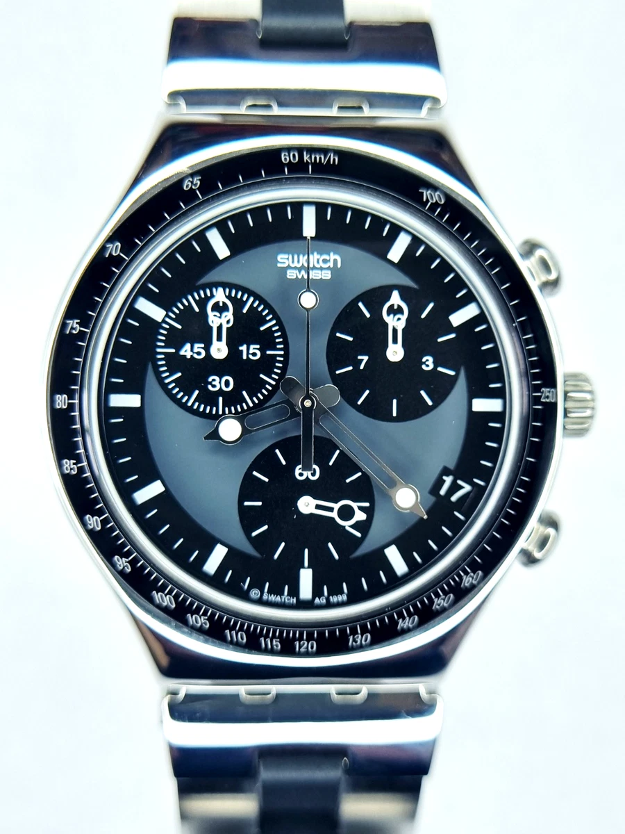 Swatch CHRONO Silver Bracelet Watch with Black Dial Silver. IN BOX NEVER WORN Swatch silver chronograph watch - Gem main image 2