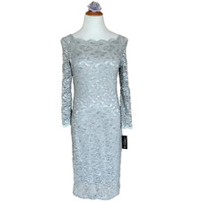 Onyx Nite Platinum Stretch Lace Dress 8 D-Cut Scallop Lined Body Con 3/4 Sleeve