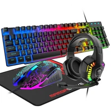 4 in 1 Wired Rainbow Backlit Keyboard and Mouse, Over Ear Headphone with Mic