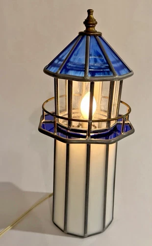 VINTAGE STAINED GLASS Light House Tiffany style Nautical  Beach Night Light Lamp