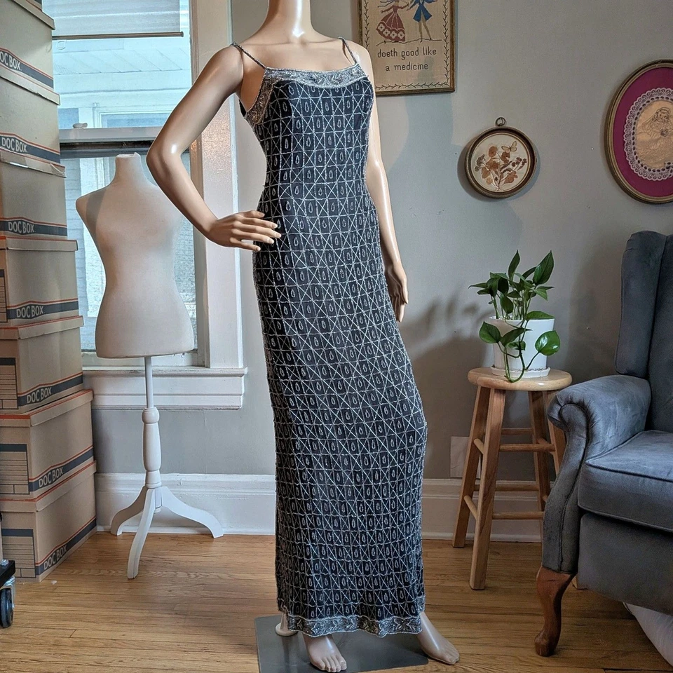 Vestido de Noche Boutique Papell Vintage Años 90 Y2K Cuentas Seda Plateado Baile de graduación Talla 6 Foto 2 de 4