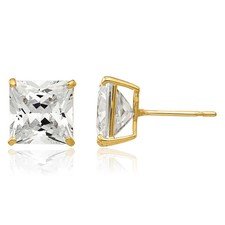 14K Solid Yellow Gold 7mm Square CZ Stud Earrings