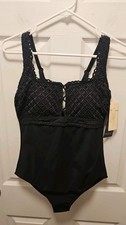Profile By Gottex Embroidered Eyelet One-Piece Swimsuit Black Size 12 NWT   