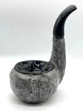 Vintage Gray Ceramic Tobacco Pipe Shaped Ashtray Hand-Carved Folk Art Detail