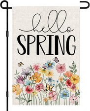 Hello Spring Floral Garden Flag 12X18 Inch Double Sided Burlap Outside, Flower S