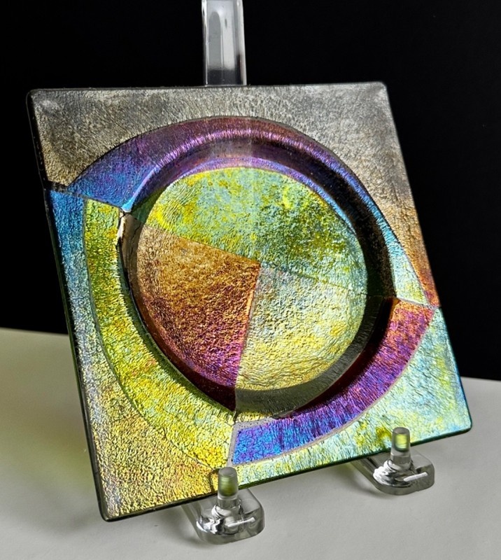 Signed Shepardson Studios Dichroic Fused Art Glass Dish/Coaster  5” Square