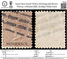 6342 New South Wales SG220ga 9D Brown. P10x12. Unlisted 1881. Sc#59c Mi48 Used