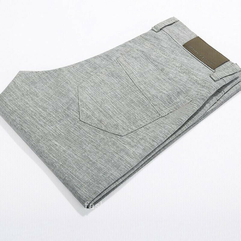 Men Linen Elastic Straight Leg Casual Trousers Pants Thin Slim Fit Soft Grey New