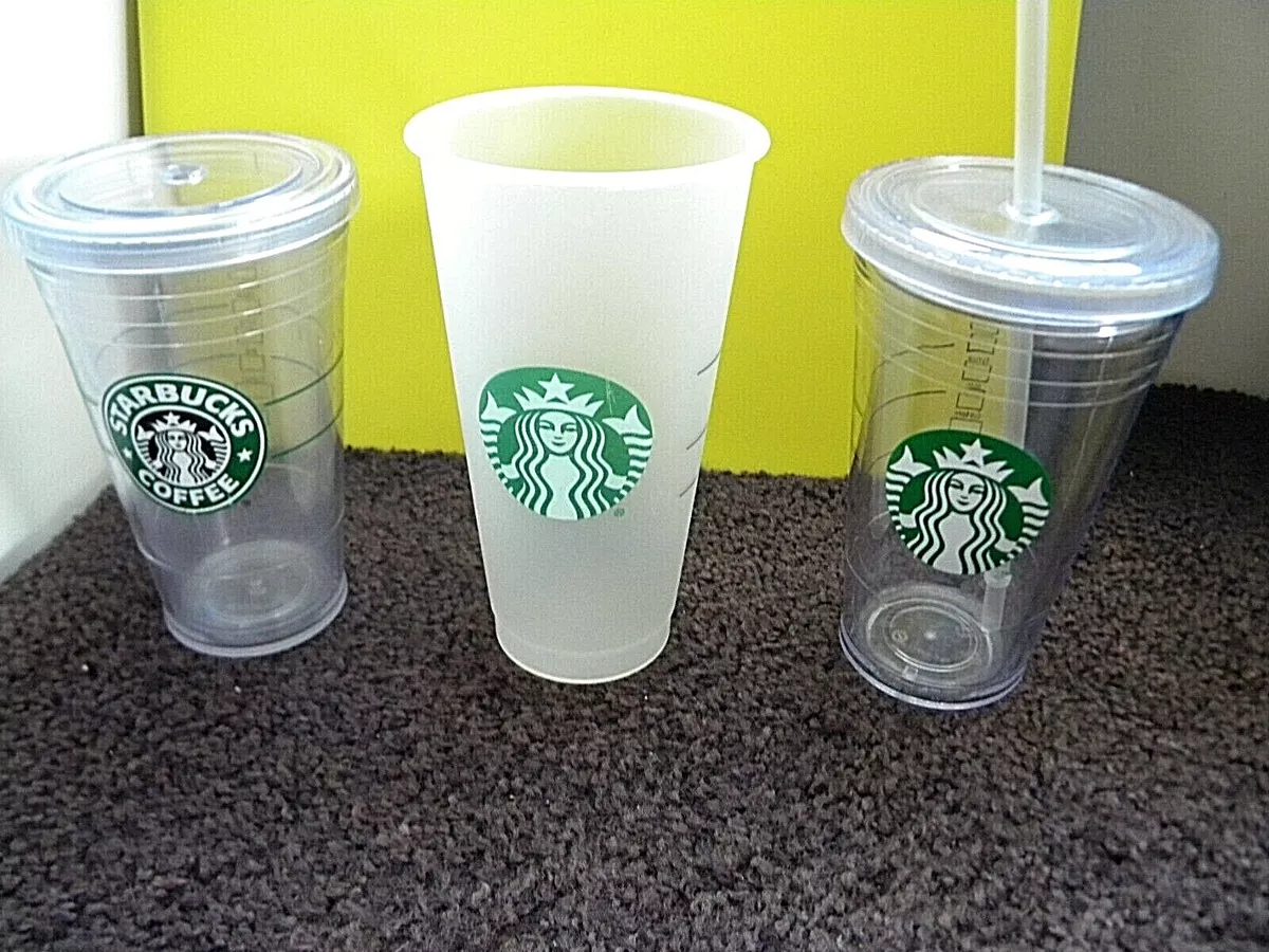 2 Starbucks Grande Clear Acrylic 16 oz Tumblers & 1 Reusable Frosted 24 oz.