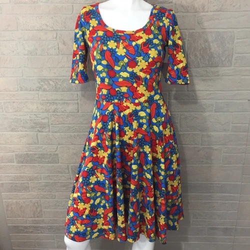 New LuLaRoe Nicole Dress Small Blue Red Yellow Floral Flower Paisley Leaves