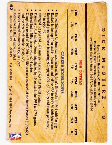 1993 Dick McGuire autógrafo firmado #62 tarjeta de baloncesto de los New York Knicks Sala de Corta - Imagen 2 de 2