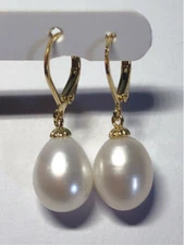 Natural AAA 9-10 mm South Sea White Pearl Earrings 14k Yellow Gold