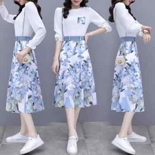 tailleur completo donna set outfit gonna longuette maglia camicia azzurro 32932